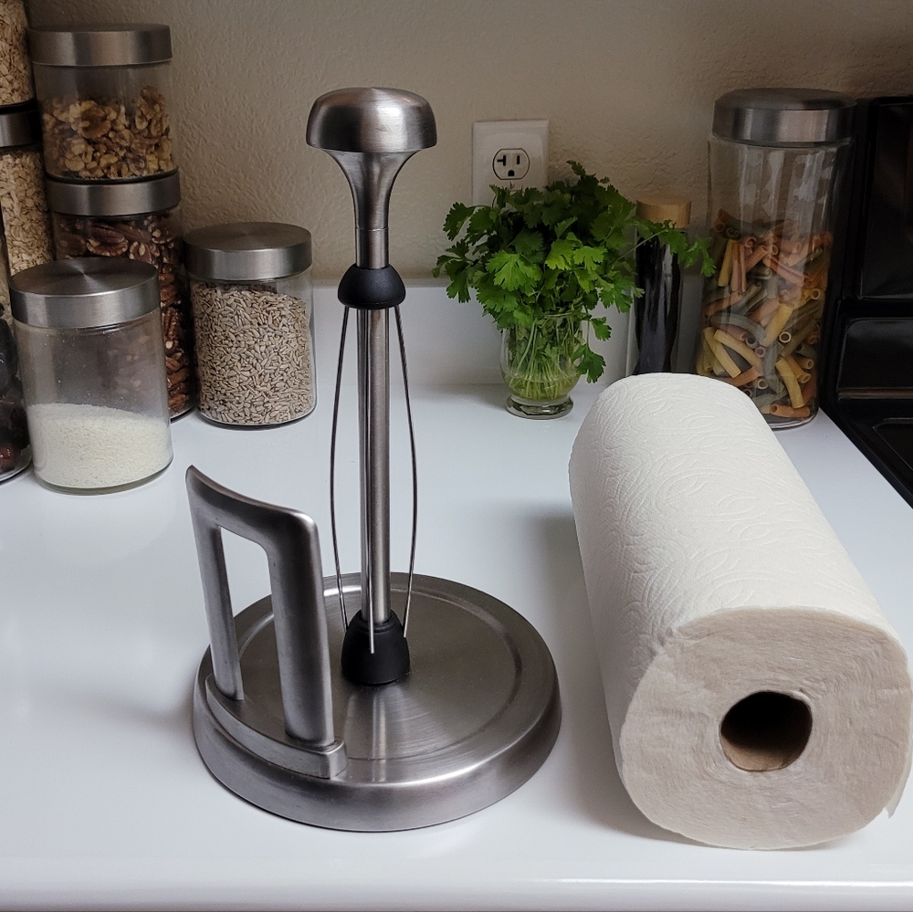 Kamenstein Sturdy Paper Towel Holder One-Handed Tear Countertop Brushed Silver